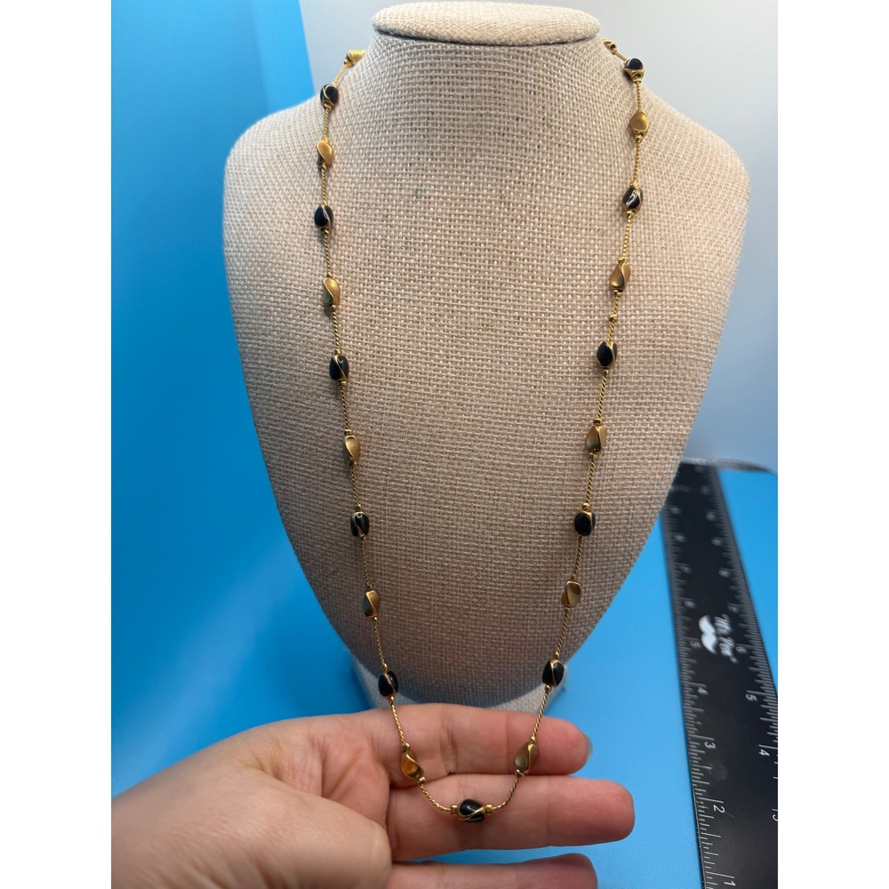Vintage Gold Tone Black Bead Station Necklace 28 Inch Long Rope Chain